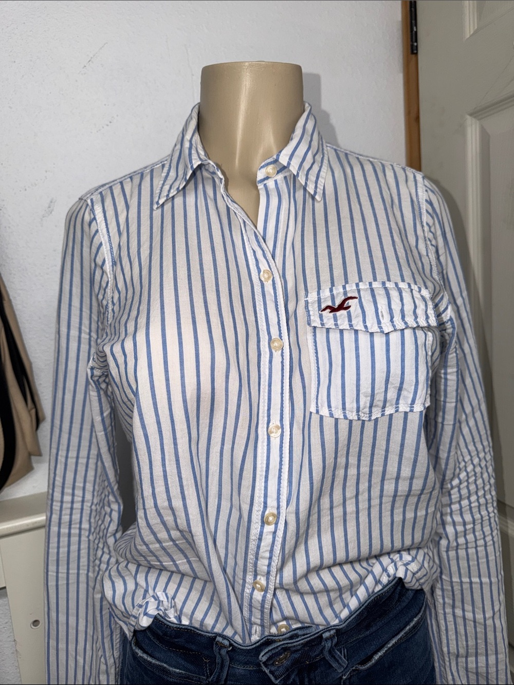 Hollister White Shirt with Light Blue Stripes - Chest Pocket